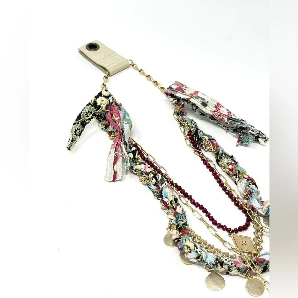 New Anthropologie Aspen Stone Layered Necklace Gold Charm Textile - Picture 7 of 9